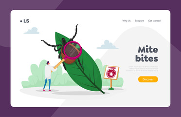 Danger of Bite with Tick in Forest or Park Landing Page Template. Doctor Character with Magnifying Glass Stand at Huge Leaf with Tick and Warning Sign with Mite Image. Cartoon Vector Illustration