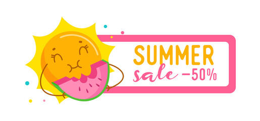 Summer Sale Ad Banner with Funny Sun Enjoying Eating Watermelon. Cute Cartoon Character Summertime Activity, Kawaii Personage Relaxing on Holidays Isolated on White Background. Vector Illustration