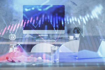 Multi exposure of financial graph drawing and office interior background. Concept of market analysis.