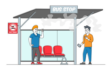 Man Suffer of Smoke near Prohibited Sign and Man Smoker with Cigarette on Bus Stop. Character Passive Second Hand Smoking in Public Place Unhealthy Bad Habit Problem. Linear People Vector Illustration