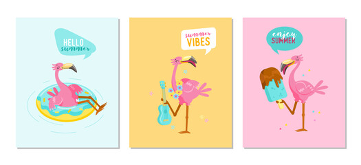 Set of Hello Summer Banners with Pink Flamingo Play Ukulele, Float Inflatable Ring and Eating Ice Cream. Cartoon Character Summertime Vacation. Kawaii Cute Bird Summer Vibes. Vector Illustration © wooster