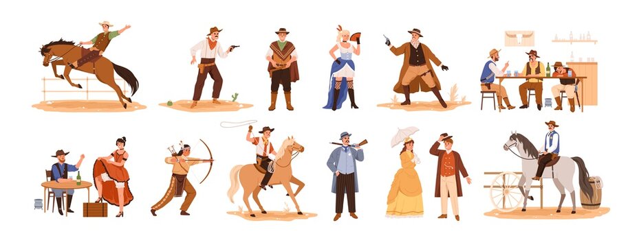 Set of wild west cartoon characters vector flat illustration. Collection of cowboy ride on horse, sheriff with gun, country guys at bar, indian with a bow, couple, woman in cabaret isolated on white