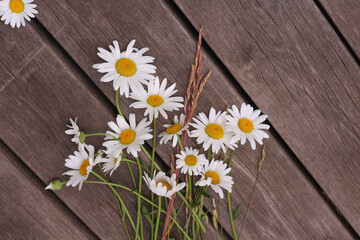 Obraz premium a bouquet of white daisies on a rustic wooden background. flat layout