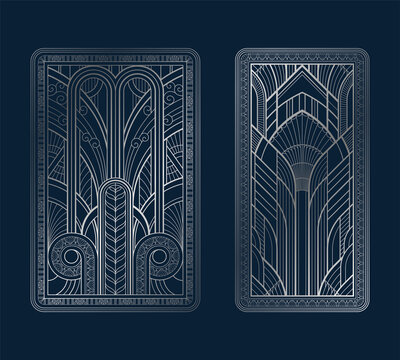 Silver art deco panels with ornament on dark blue background