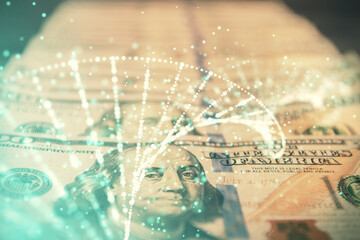 Double exposure of DNA drawing over usa dollars bill background. Concept of medical education.