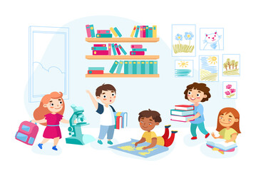 Schoolboys and Schoolgirls with Books and Backpacks Waving Hands Greeting Classmates and New Educational Year. Kids Characters Back to School. Students in Classroom. Cartoon People Vector Illustration