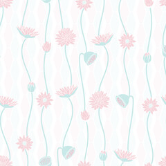 vector seamless pattern lotus flowers and leaf on light pink blue geometric background design