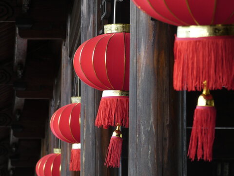 Hanging red laterns close up, Jinxi town, China