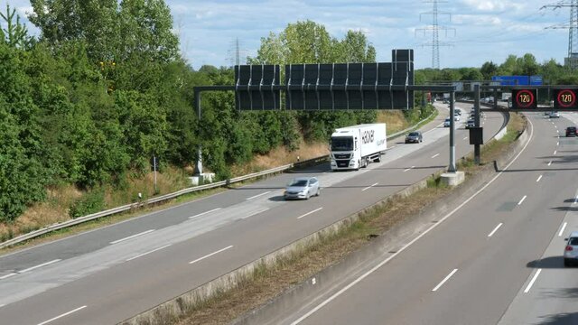 Frankfurt, Germany - July 03, 2020: Dense traffic on German highway A5 nearby Frankfurt