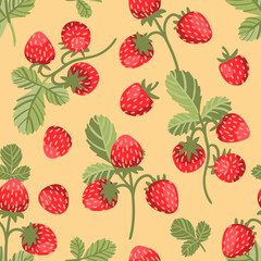 Seamless vector pattern with big tasty wild strawberries on a beige background. Trendy summertime print with berries in hand drawn style. Delicious and yummy summer food illustration