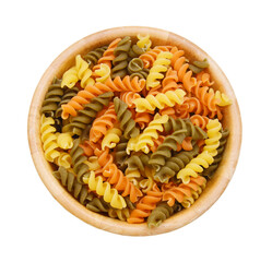 Pasta isolated in wooden bowl on white background