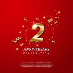 2th Anniversary celebration. Golden number 2 with sparkling confetti, stars, glitters and streamer ribbons on red background. Vector festive illustration. Birthday or wedding party event decoration