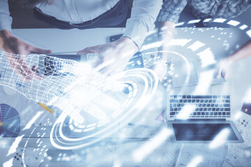 Double exposure of man and woman working together and data theme hologram drawing. Computer background. Top View.