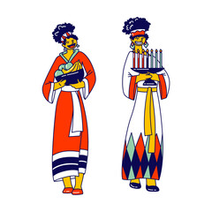 African Tribal Female Characters Wearing Traditional Clothes Holding Candles and Fruits for Kwanzaa Holiday Celebration. People of Africa Ethnic Culture and Heritage. Linear Vector Illustration