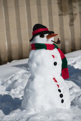 Traditional snowman with hat, carrot nose, scarf, pipe and button eyes in a park.