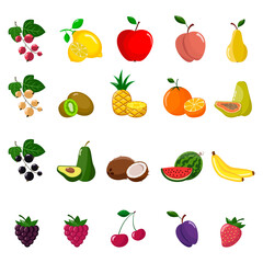 Big set of fruits and berries. 
Vector illustration isolated on white background.