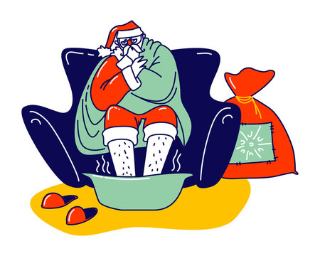 Sick Santa Claus Sore Feet Sitting on Couch Wrapped in Plaid. Christmas Character Wearing Red Costume and Hat Suffering of Flu or Covid19 Disease. Xmas Personage Sickness, Linear Vector Illustration