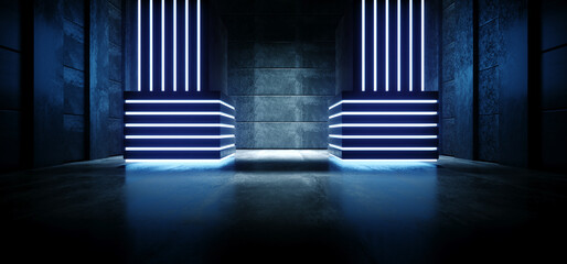 Sci Fi Futuristic Alien  Blue Glowing Stage Podium Empty Space Columns Pillars Led Lights Grunge Concrete Floor Warehouse Garage Room Tunnel Background 3D Rendering