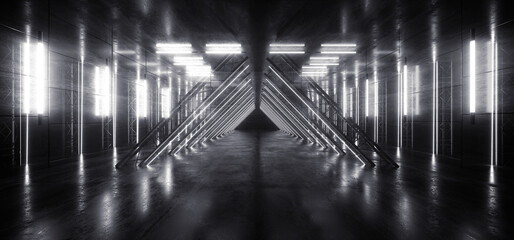 Neon Laser Triangle Tunnel Corridor Stage Construction Fluorescent White Dance Garage Floor Showcase Retro Synth Background Concrete Floor Grunge Night Show Event 3D Rendering