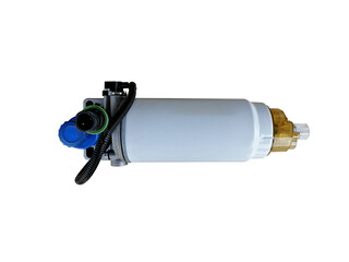 Truck fuel coarse filter with sump on an isolated white background. Spare parts.