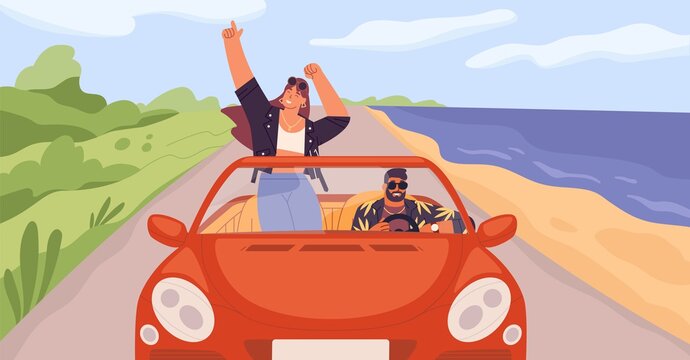 Young trendy happy hipster couple in love having trip along country road by red cabriolet. Laughing dancing stylish girl and driving boy at summertime vacation in flat vector cartoon illustration