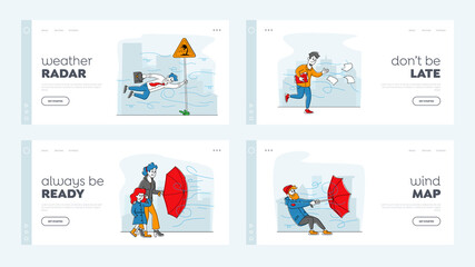 Obraz na płótnie Canvas Characters Fighting with Strong Wind Landing Page Template Set. Man with Destroyed Umbrella Trying to Protect from Storm and Rain. Business Man Hanging on Road Sign. Linear People Vector Illustration