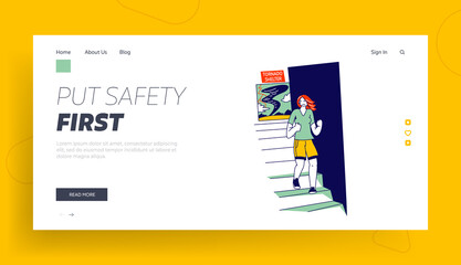 Obraz na płótnie Canvas Female Character Hiding in Tornado Shelter Landing Page Template. Woman Got into Windbreak. Nature Destruction Power, Place for Waiting Dangerous Strong Wind Cataclysm Over. Linear Vector Illustration