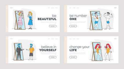 People Looking at Mirror Reflection Landing Page Template Set. Self-assessment and Personal Appearance. Male Female Characters Admire or Horrified with Image in Mirror. Linear Vector Illustration