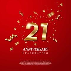 21th Anniversary celebration. Golden number 21 with sparkling confetti, stars, glitters and streamer ribbons on red background. Vector festive illustration. Birthday or wedding party event decoration