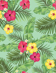 Tropical vector seamless background. Jungle pattern with exitic flowers, and palm leaves. Stock vector. Jungle vector vintage wallpaper