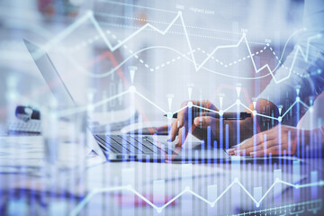Double exposure of woman hands typing on computer and forex chart hologram drawing. Stock market invest concept.