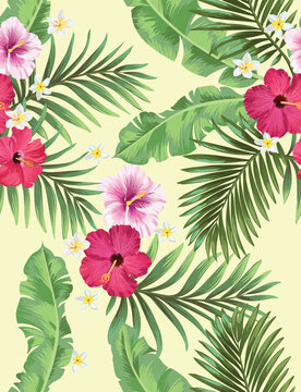 Tropical vector seamless background. Jungle pattern with exitic flowers, and palm leaves. Stock vector. Jungle vector vintage wallpaper © Logunova Elena