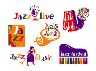Jazz Festival Cartoon Icons Set. Live Music Concert Announcement, Creative Labels and Typography for Musical Club. Woman Singer with Microphone, Flyer, Saxophone or Piano Keyboard. Vector Illustration