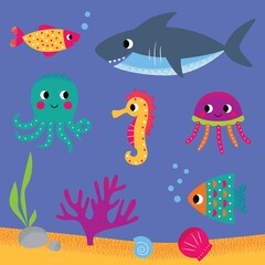 Obraz na płótnie Canvas Sea life , vector set - fishes, shark, octopus, jellyfish, sea horse