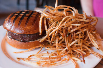 juicy beef burger on brioche buns with shoe string potato french fries on a white plate