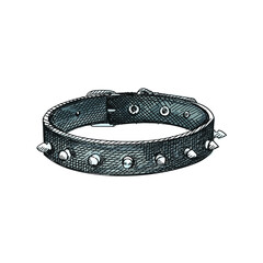 Colorful watercolor Hand-drawn sketch of dog collar with thorns on a white background. Dog collar with thorns. Pet supplies. Care for home animals.	