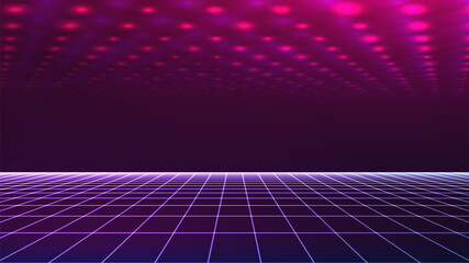 Synthwave background. Perspective grid template. Dark retro future backdrop with virtual computer landscape. 80s style wallpaper. Stock vector illustration