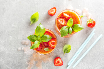 Freshmade drinks with strawberry and basil