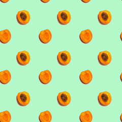 Fresh apricot fruit seamless pattern on mint background
