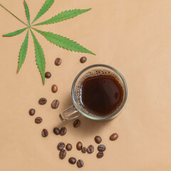 Cannabis coffee cup with beans and marijuana leaves