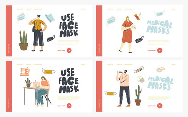 Fototapeta na wymiar Home Made Protective Mask Creation Landing Page Template Set. Characters Sewing and Wearing Medical Masks during Coronavirus Pandemic against Covid19 Virus Spreading. Linear People Vector Illustration