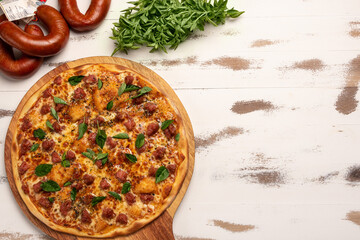 Homemade Pizza with ground  Pepperoni Sausage. Pizza topped with Brazilan "Linguiça Blumenau".