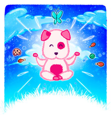 Fototapeta premium Cute puppy doing yoga. Adorable dog illustration. Puppy floating in the sky. All dogs Go to Heaven. I love dogs. Happy puppy. Lotus pose.