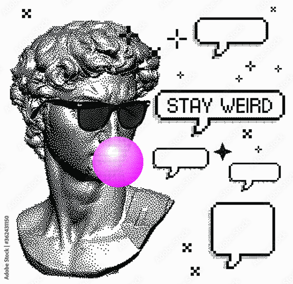 Aufkleber classical bust sculpture chewing bubblegum and wearing sunglasses. 3d rendering of michelangelo's da