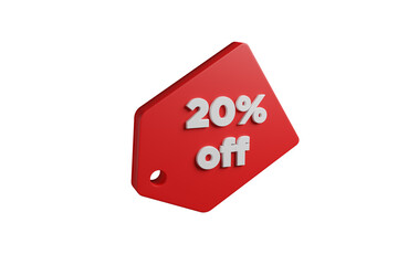 Red label with the legend 20 percent off isolated on white background. 3d illustration.