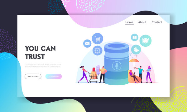 Smart Speaker Landing Page Template. Home Assistant Intelligence Technology. Tiny Characters at Huge Smart Column with Voice Execute Command, Internet of Things. Cartoon People Vector Illustration