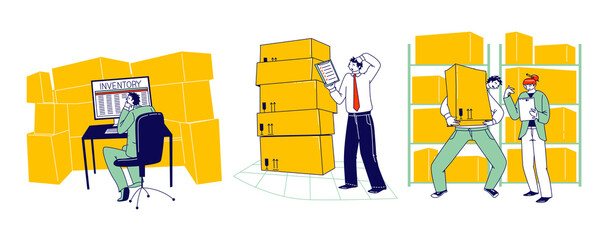 Physical Inventory Count Management. Storekeeper Characters Manage Warehouse Cargo Loading, Unloading and Sorting Stock Storage of Parcels with Products for Shipment. Linear People Vector Illustration