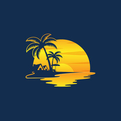 Vector logo design template, palms and beach chair on seaside. Concept for travel agency, tropical resort, beach hotel, Summer vacation isolated hand drawn illustration.