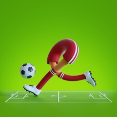 3d render, funny cartoon character legs with ball isolated on green background, football player wearing red uniform, soccer game playground