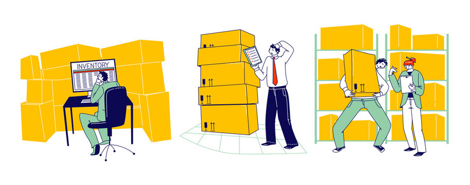 Physical Inventory Count Management. Storekeeper Characters Manage Warehouse Cargo Loading, Unloading And Sorting Stock Storage Of Parcels With Products For Shipment. Linear People Vector Illustration